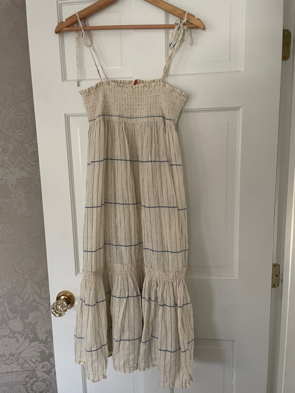 Cream Smocked Tiered Maxi Dress with Blue Stripes Small Tory Burch